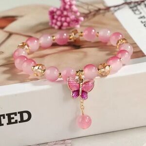 Pink Butterfly Charm Beaded stretch Bracelet - Women Jewelry